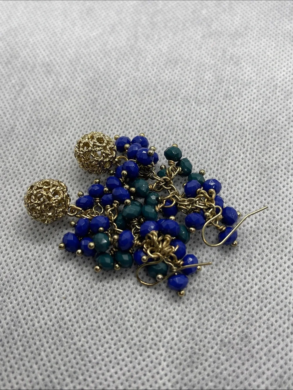Gold Filigree Drop Earrings with Cobalt Blue and Teal Beads